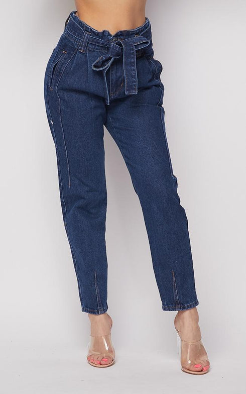 Belted Front Tie Denim Mom Jeans in Dark Denim - SohoGirl.com